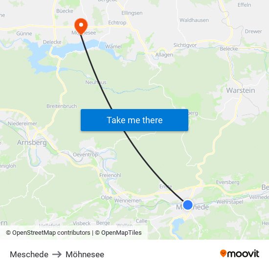 Meschede to Möhnesee map