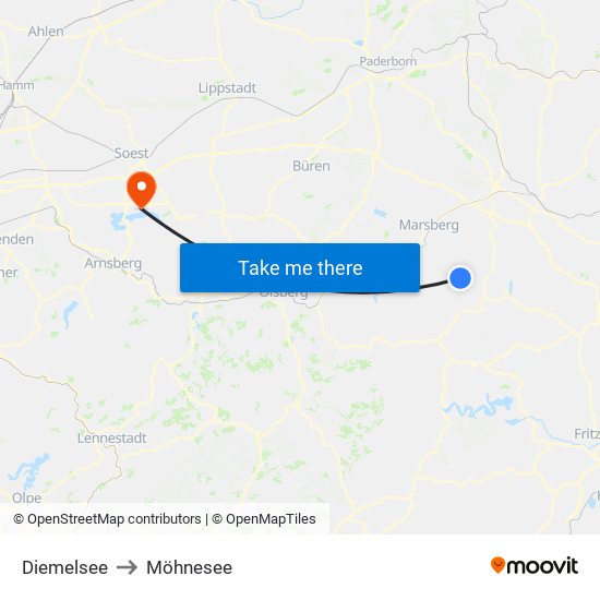 Diemelsee to Möhnesee map