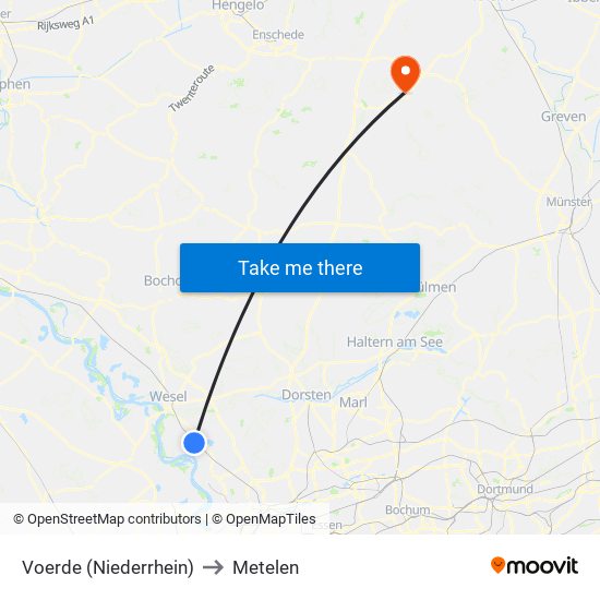 Voerde (Niederrhein) to Metelen map