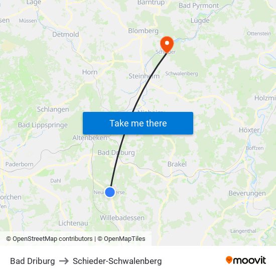 Bad Driburg to Schieder-Schwalenberg map