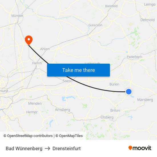 Bad Wünnenberg to Drensteinfurt map