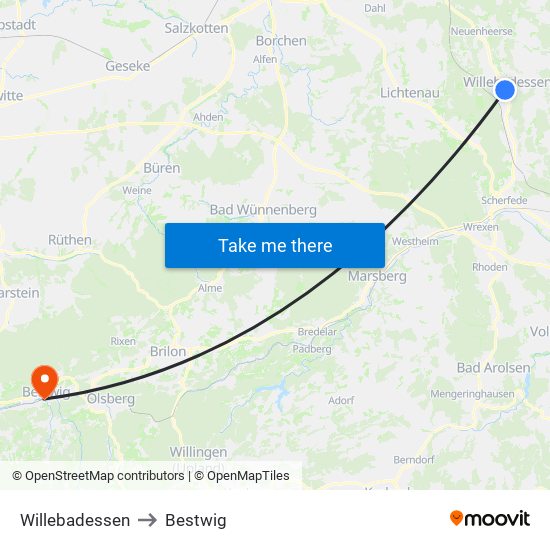 Willebadessen to Bestwig map