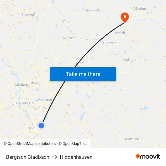 Bergisch Gladbach to Hiddenhausen map