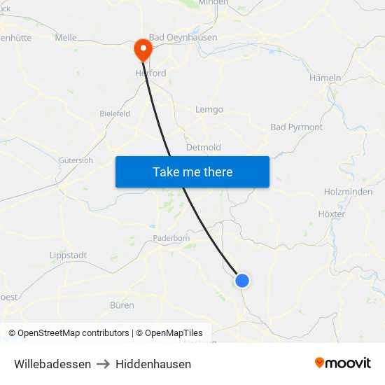 Willebadessen to Hiddenhausen map