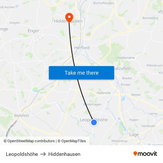 Leopoldshöhe to Hiddenhausen map