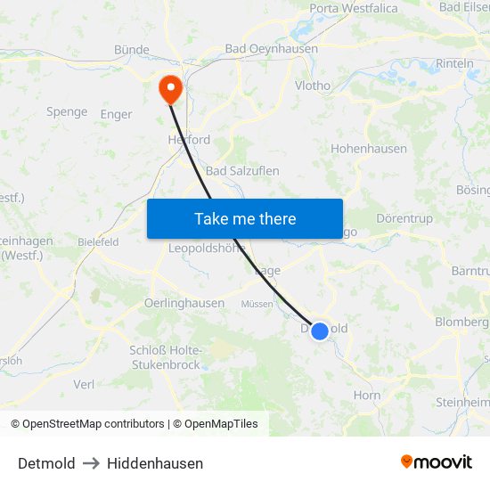 Detmold to Hiddenhausen map