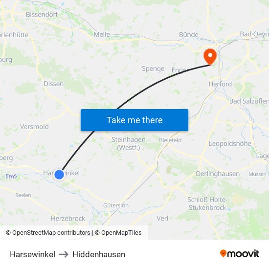 Harsewinkel to Hiddenhausen map