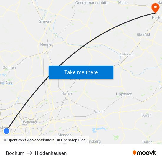 Bochum to Hiddenhausen map