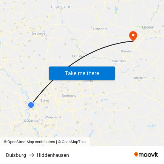 Duisburg to Hiddenhausen map