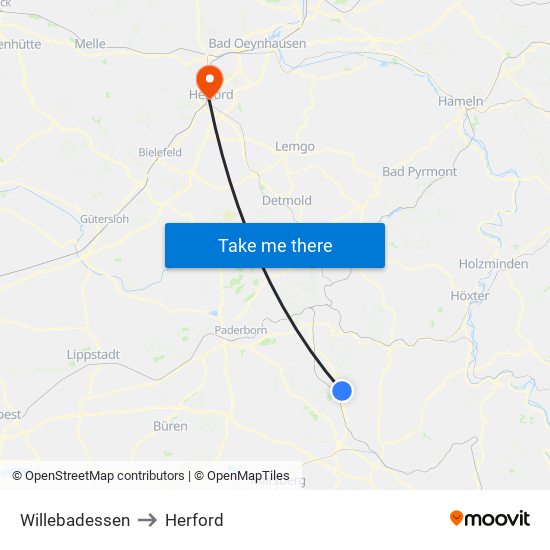 Willebadessen to Herford map