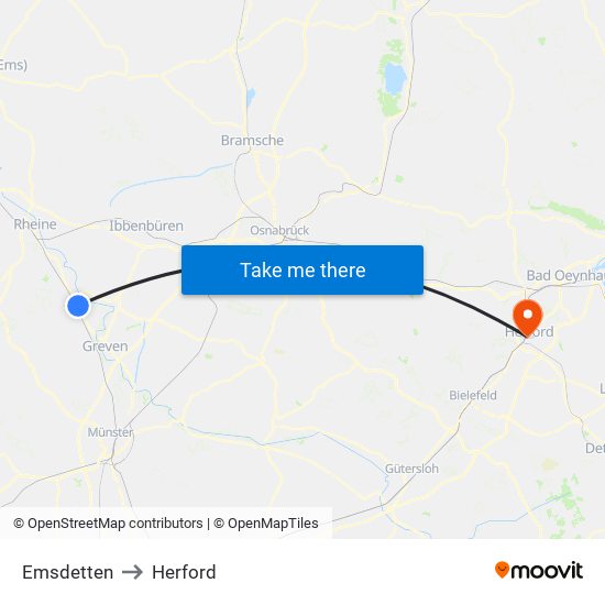 Emsdetten to Herford map