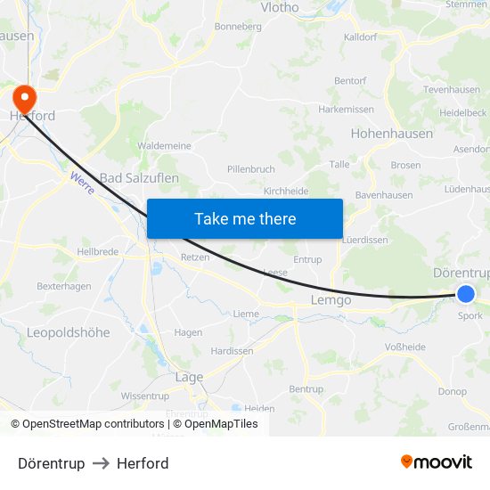 Dörentrup to Herford map