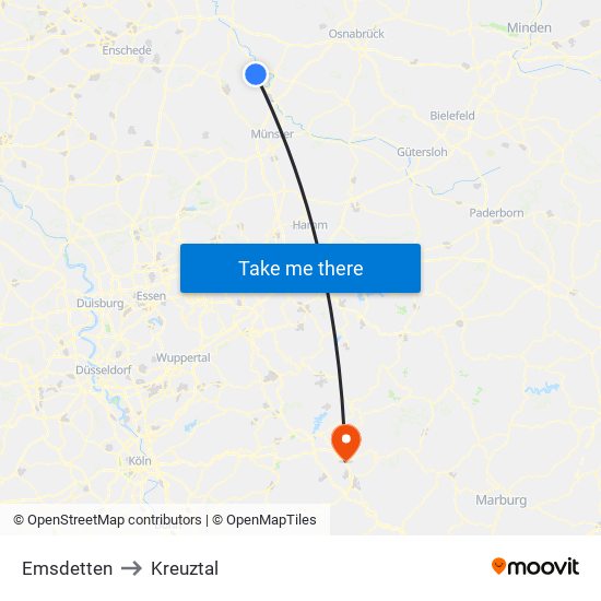 Emsdetten to Kreuztal map