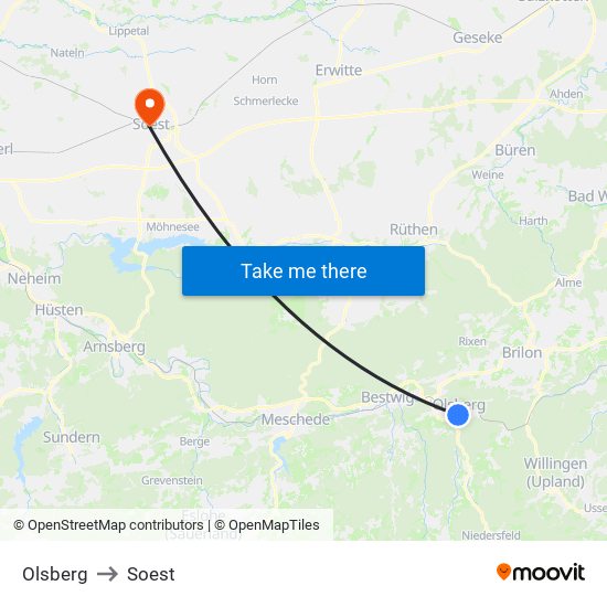 Olsberg to Soest map