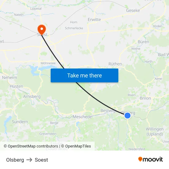Olsberg to Soest map