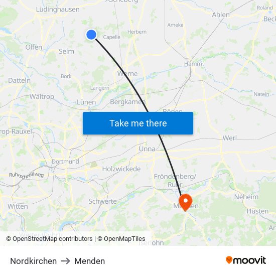 Nordkirchen to Menden map