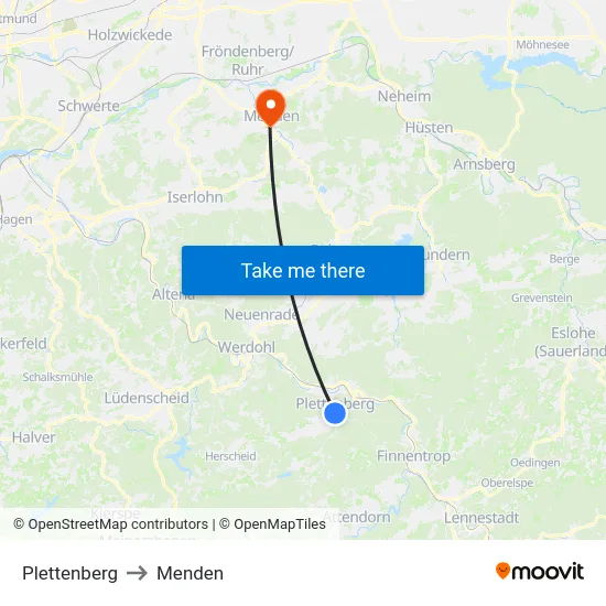 Plettenberg to Menden map