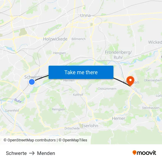 Schwerte to Menden map