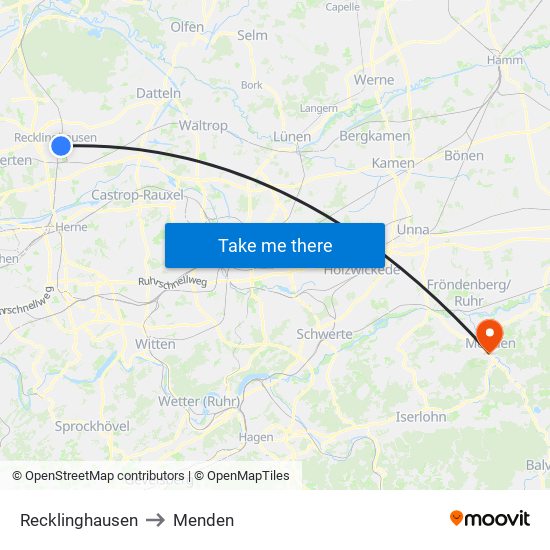 Recklinghausen to Menden map