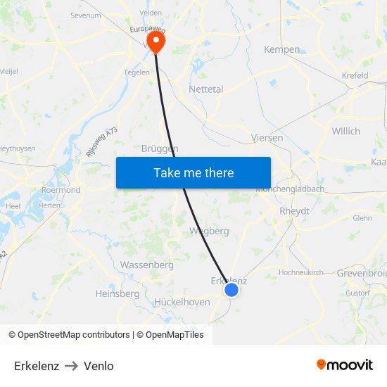 Erkelenz to Venlo map