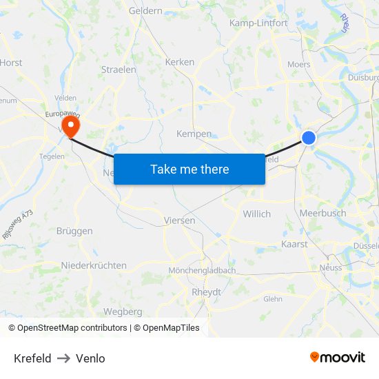 Krefeld to Venlo map