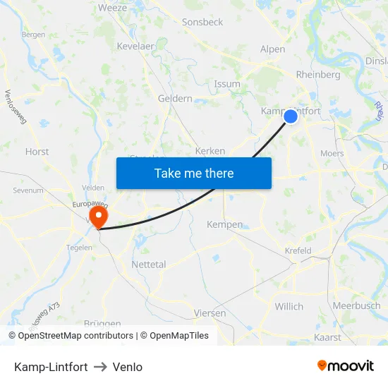 Kamp-Lintfort to Venlo map