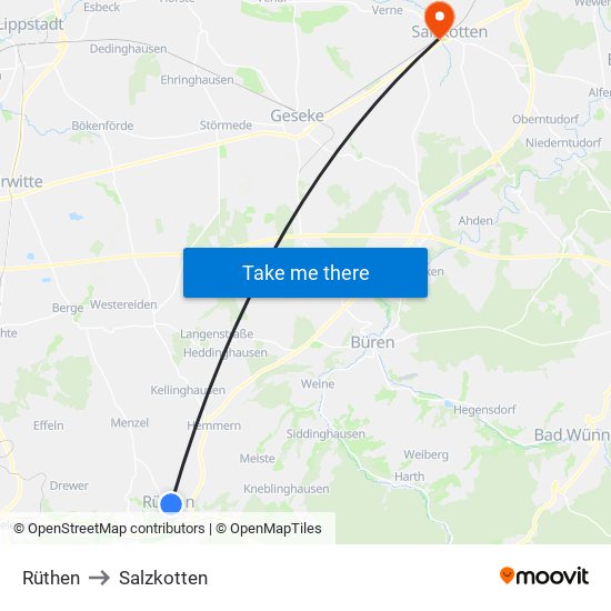 Rüthen to Salzkotten map