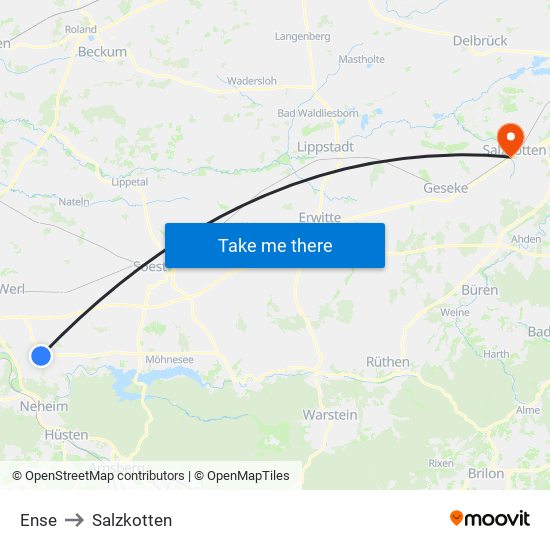 Ense to Salzkotten map