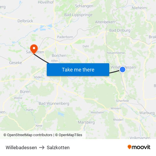 Willebadessen to Salzkotten map