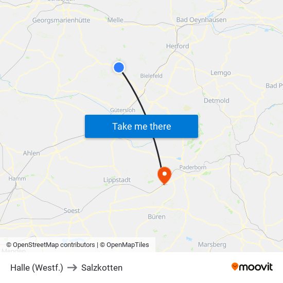 Halle (Westf.) to Salzkotten map