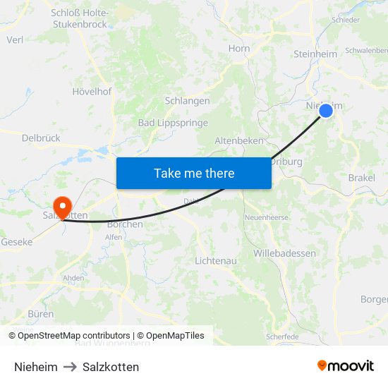 Nieheim to Salzkotten map