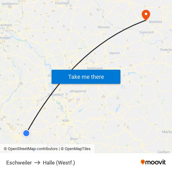 Eschweiler to Halle (Westf.) map