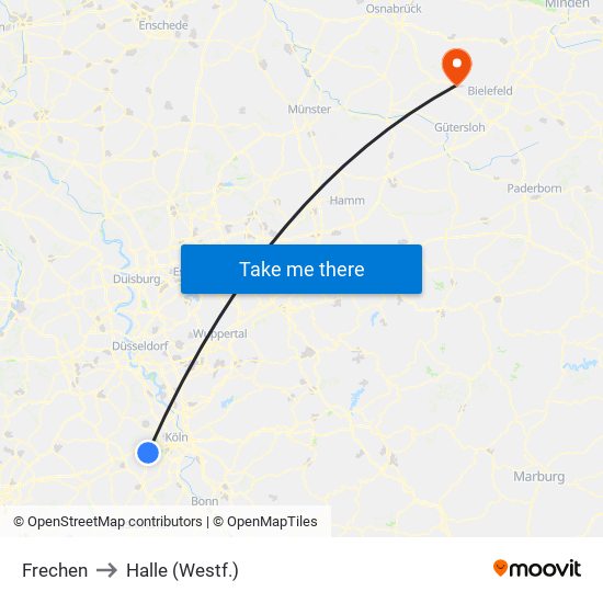 Frechen to Halle (Westf.) map