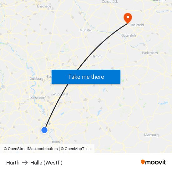 Hürth to Halle (Westf.) map