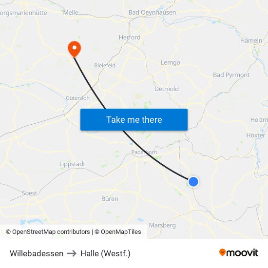 Willebadessen to Halle (Westf.) map