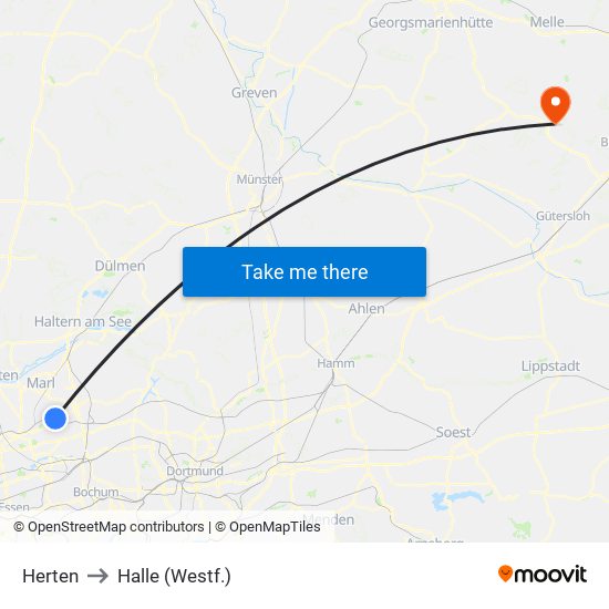 Herten to Halle (Westf.) map