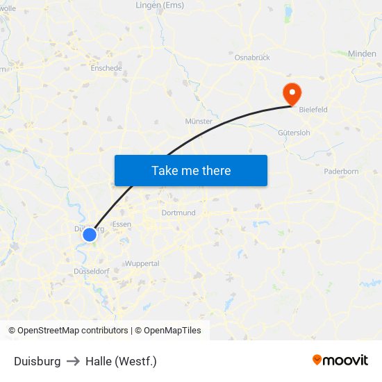 Duisburg to Halle (Westf.) map