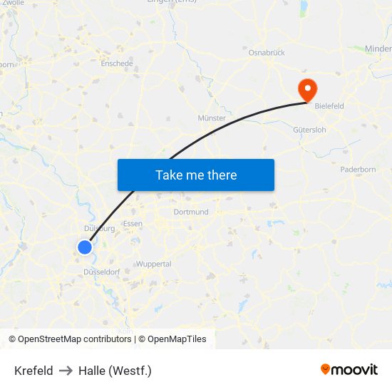 Krefeld to Halle (Westf.) map