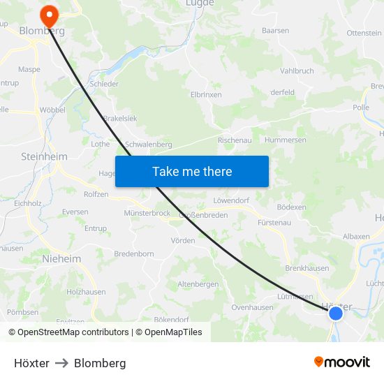 Höxter to Blomberg map