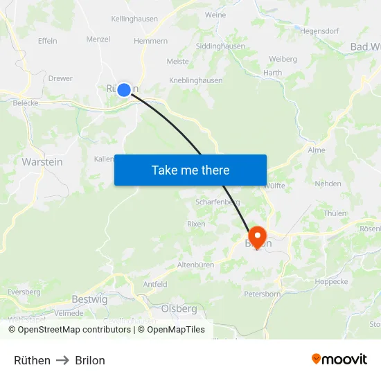 Rüthen to Brilon map