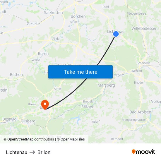 Lichtenau to Brilon map