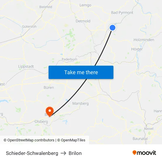 Schieder-Schwalenberg to Brilon map