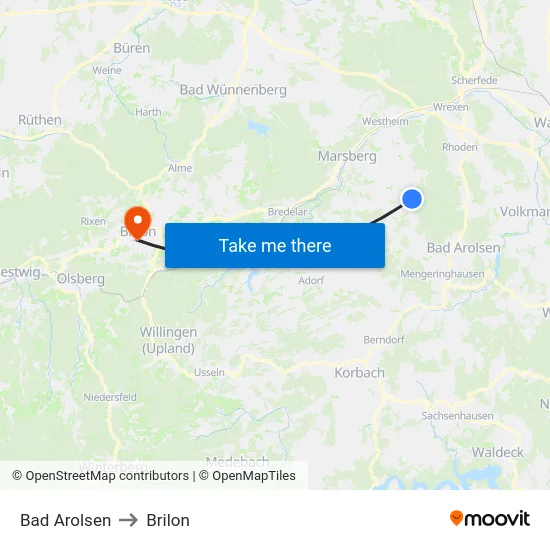 Bad Arolsen to Brilon map