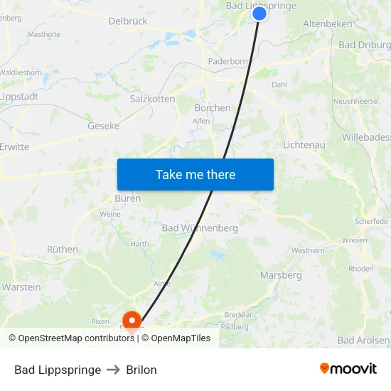 Bad Lippspringe to Brilon map