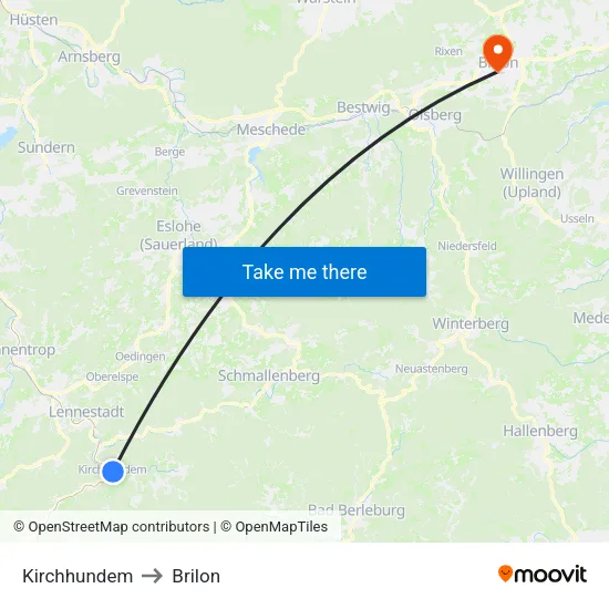 Kirchhundem to Brilon map