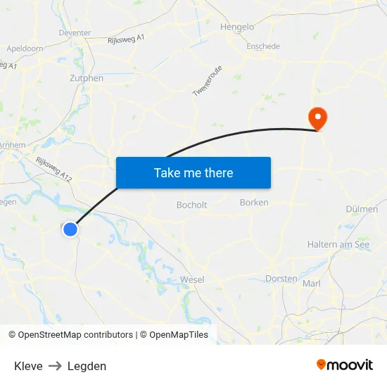 Kleve to Legden map