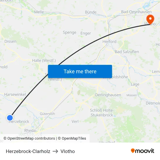 Herzebrock-Clarholz to Vlotho map