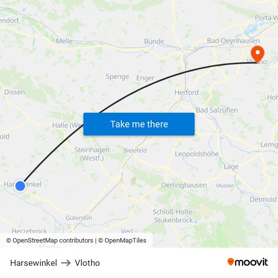 Harsewinkel to Vlotho map