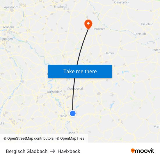 Bergisch Gladbach to Havixbeck map
