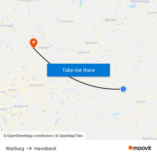 Warburg to Havixbeck map